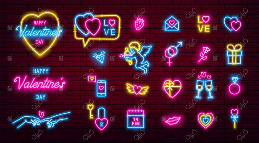 مجموعه آیکون‌های نئون درخشان ولنتاین