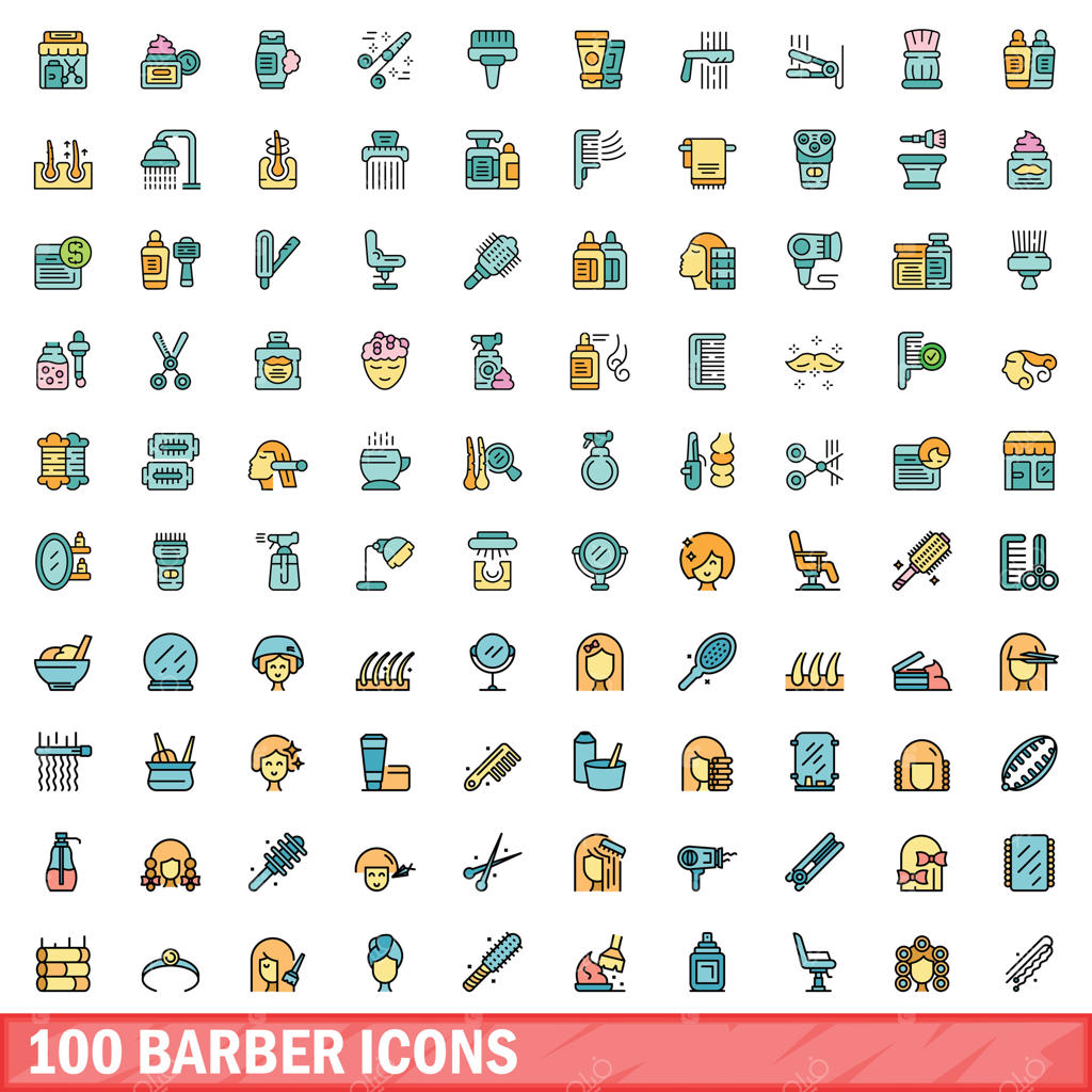 مجموعه ۱۰۰ آیکون آرایشگری، سبک خطی رنگی