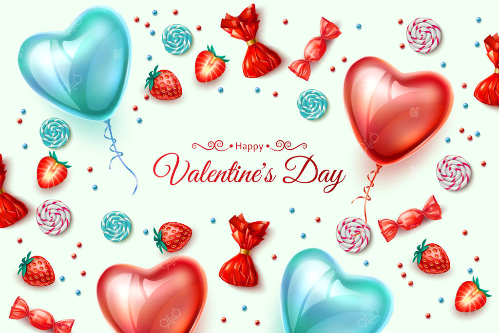 پوستر روز ولنتاین مبارک: بادکنک‌هایی به شکل قلب واقعی با پس‌زمینه توت‌فرنگی و آب‌نبات. دکوراسیون بهاری برای جشن و دعوت‌نامه. طراحی کارت دعوت و جشن. تصویرسازی