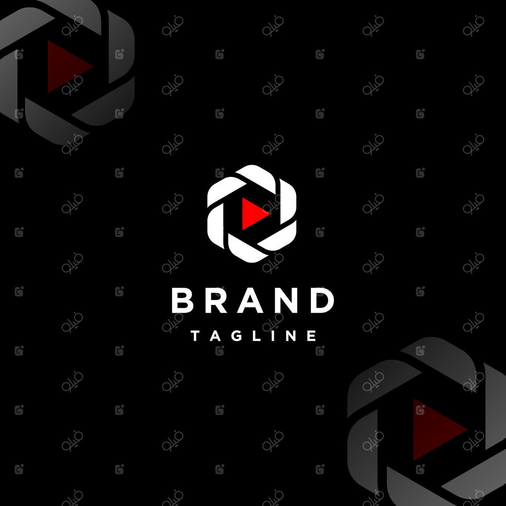 طراحی لوگو شاتر شش ضلعی با آیکون پخش قرمز. لوگوی شاتر دوربین شش ضلعی با نماد پخش.