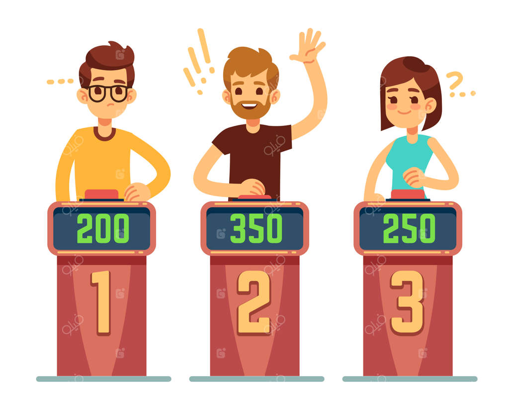 افرادی که به سوالات پاسخ می‌دهند و دکمه‌ها را در مسابقه‌ی اطلاعات عمومی فشار می‌دهند. رقابت در بازی معماها. تصویرسازی از مسابقه اطلاعات عمومی و هوش.