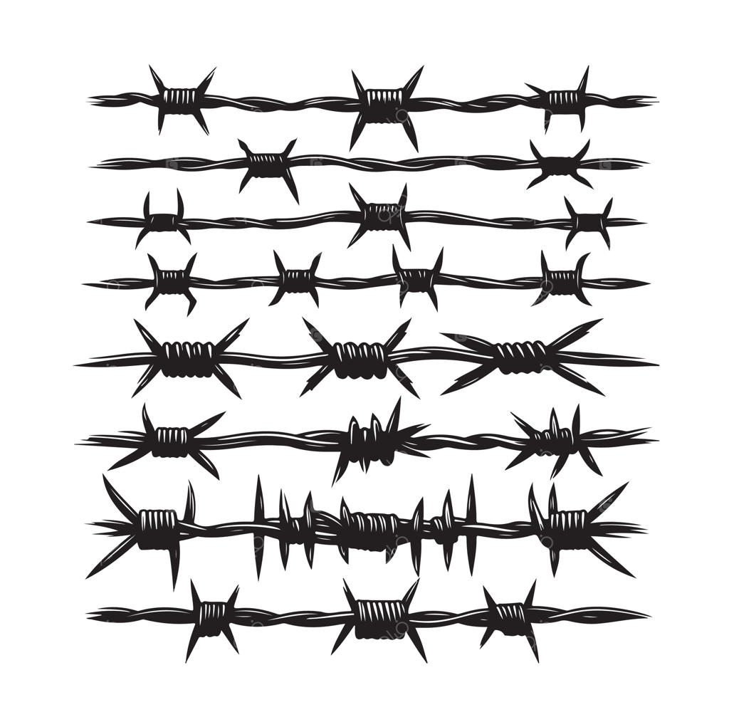 سیم خاردار روی پس‌زمینه سفید. سیم تیغی در سبک هندسی مینیمال و مدرن. مجموعه‌ای از حصارهای سخت زندان. تصویرگری مناسب برای طراحی وب سایت.