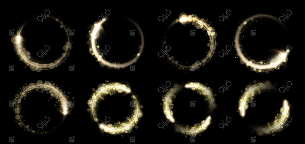 دایره جادویی درخشان: حلقه‌های نورانی با ردپای غبار ستاره‌های براق و ذرات حلقه بوکه. قاب‌های مارپیچ طلایی، خطوط مارپیچ براق با برق ستاره‌های جادویی. مجموعه‌ای از جلوه‌های ویژه بصری.