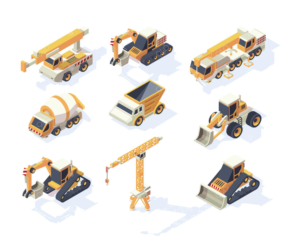 مجموعه ایزومتریک ساخت و ساز خودرو: ماشین‌های بزرگ، کامیون، ون، جرثقیل، بیل مکانیکی و ماشین‌آلات حمل و نقل برای سازندگان.