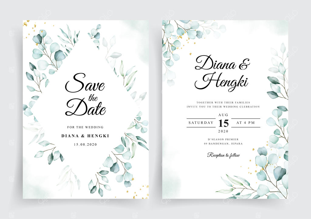 قالب کارت دعوت عروسی با طراحی زیبای آبرنگی اکالیپتوس نرم