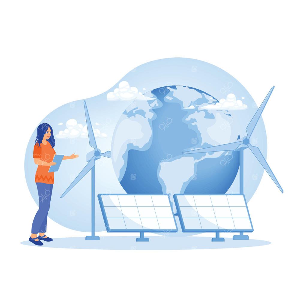 فناوری انرژی پایدار با توربین‌های بادی و پنل‌های خورشیدی.