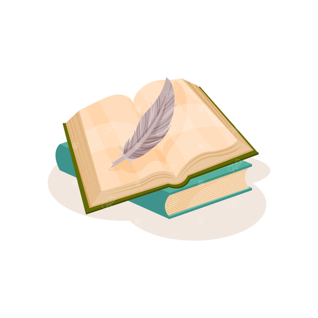 قلم پردار قدیمی و کتاب‌ها: نمادهایی از علم و دانش و مفهوم نوشتار کلاسیک، تصویرسازی وکتور بر روی زمینه سفید