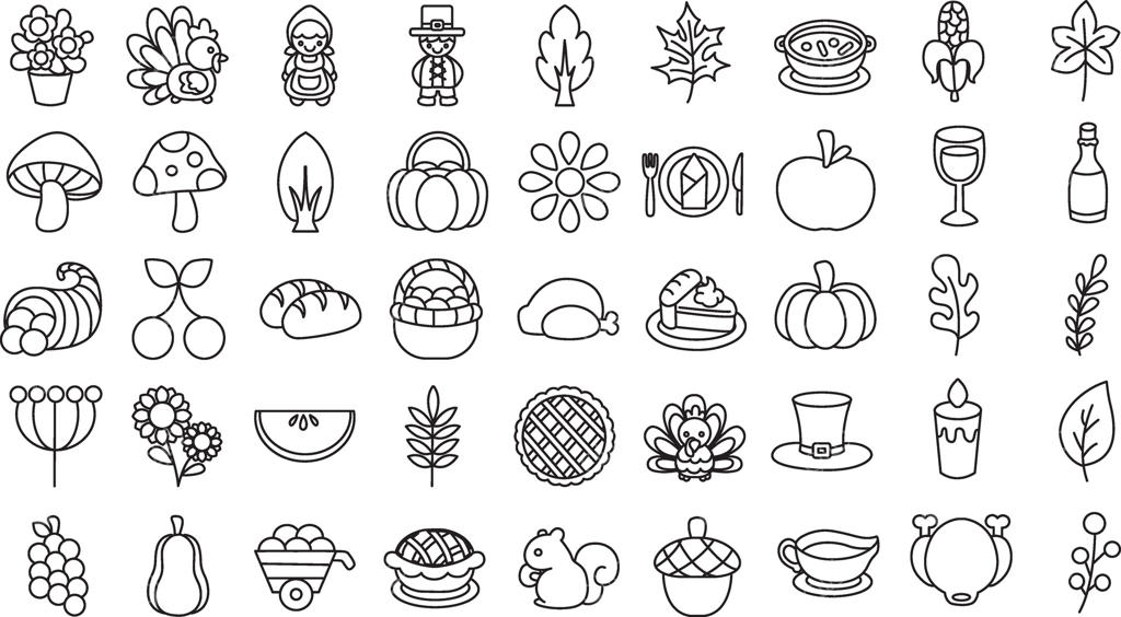 کتاب رنگ‌آمیزی با آیکون‌های تصویرسازی از هنرهای زرد و نارنجی شکرگزاری.