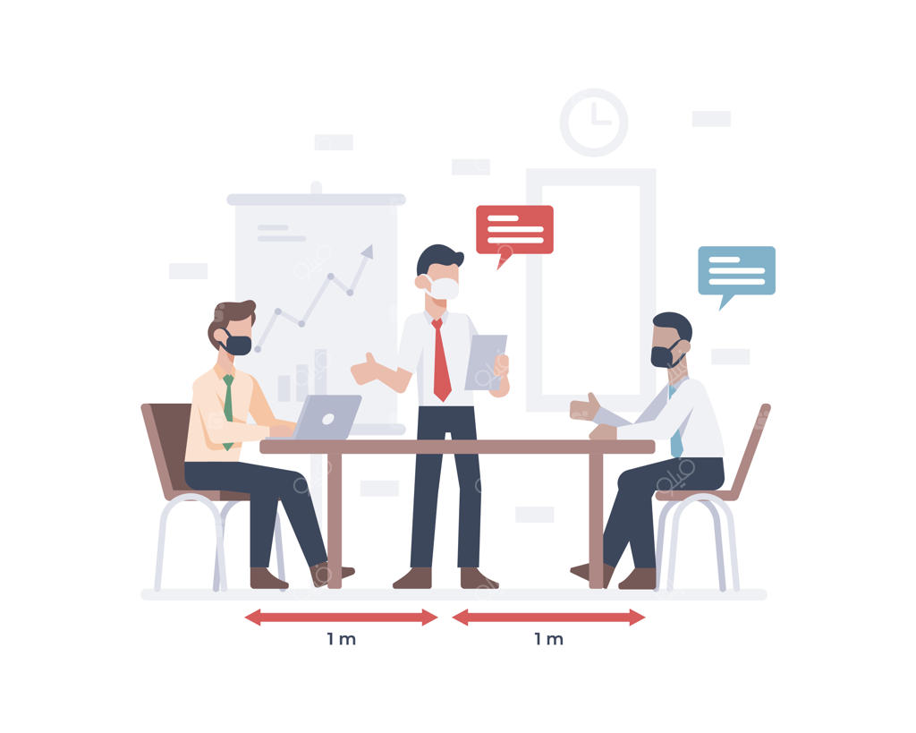 تصویری از یک تاجر با ماسک صورت در حال ملاقات با کارمند یا کارگر و رعایت فاصله‌گذاری اجتماعی