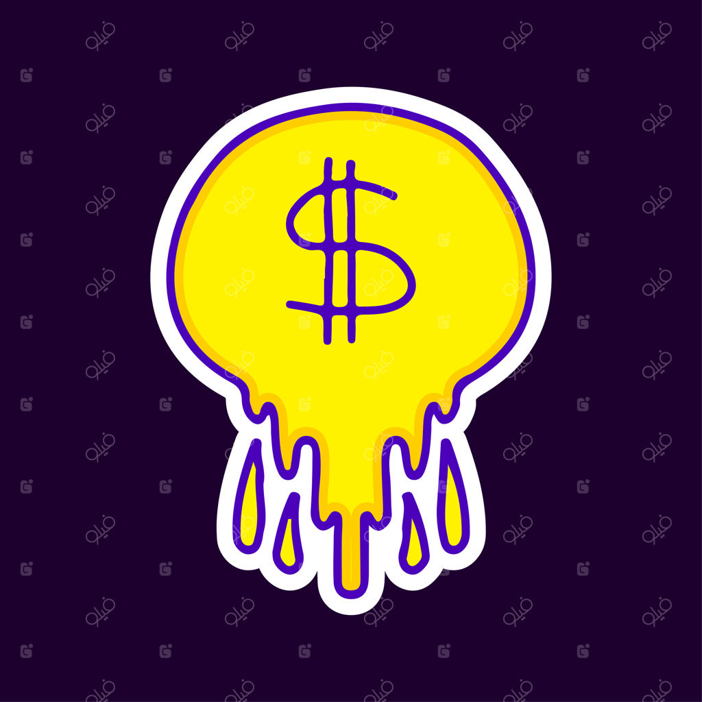 طرح کارتونی سکه دلار آب شده، مناسب برای چاپ روی تیشرت، استیکر یا لباس.