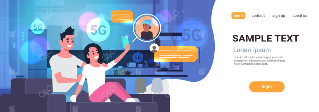 زوجی در حال استفاده از برنامه چت تلفن همراه: ارتباط از طریق شبکه اجتماعی و اینترنت 5G