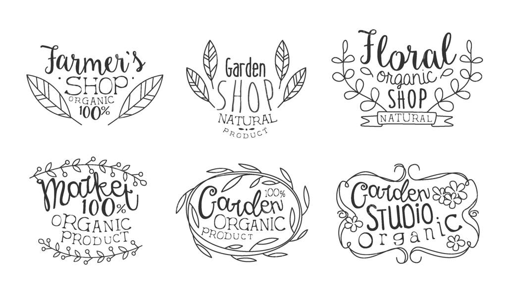 مجموعه نشان‌های طراحی دستی فروشگاه باغ، فروشگاه ارگانیک گل‌ها، استودیوی باغ ارگانیک، تصویرسازی بازار کشاورزان به صورت تک‌رنگ