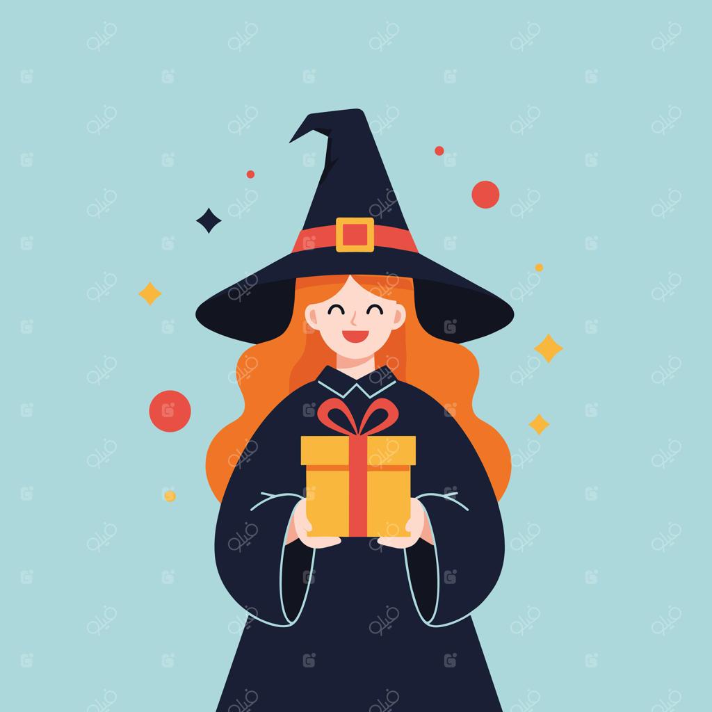 جادوگر شاد کادو به دست در حال جشن گرفتن فصل هالووین با کاغذهای رنگی و تزئینات