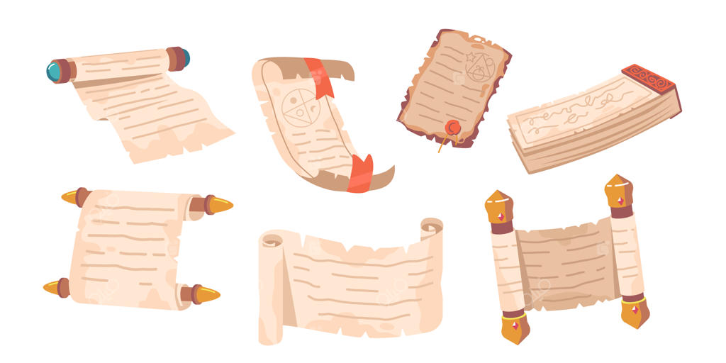 مجموعه‌ای از طومارهای کاغذ پوست، رول‌های پاپیروس عتیقه، بنرهای کاغذی خالی و نسخه‌های خطی قدیمی پیچیده و باز