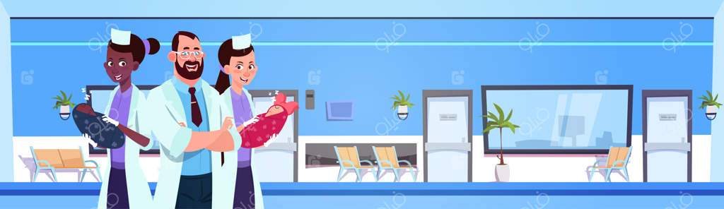 پزشک و پرستاران در حال نگه داشتن نوزادان در سالن بیمارستان هستند