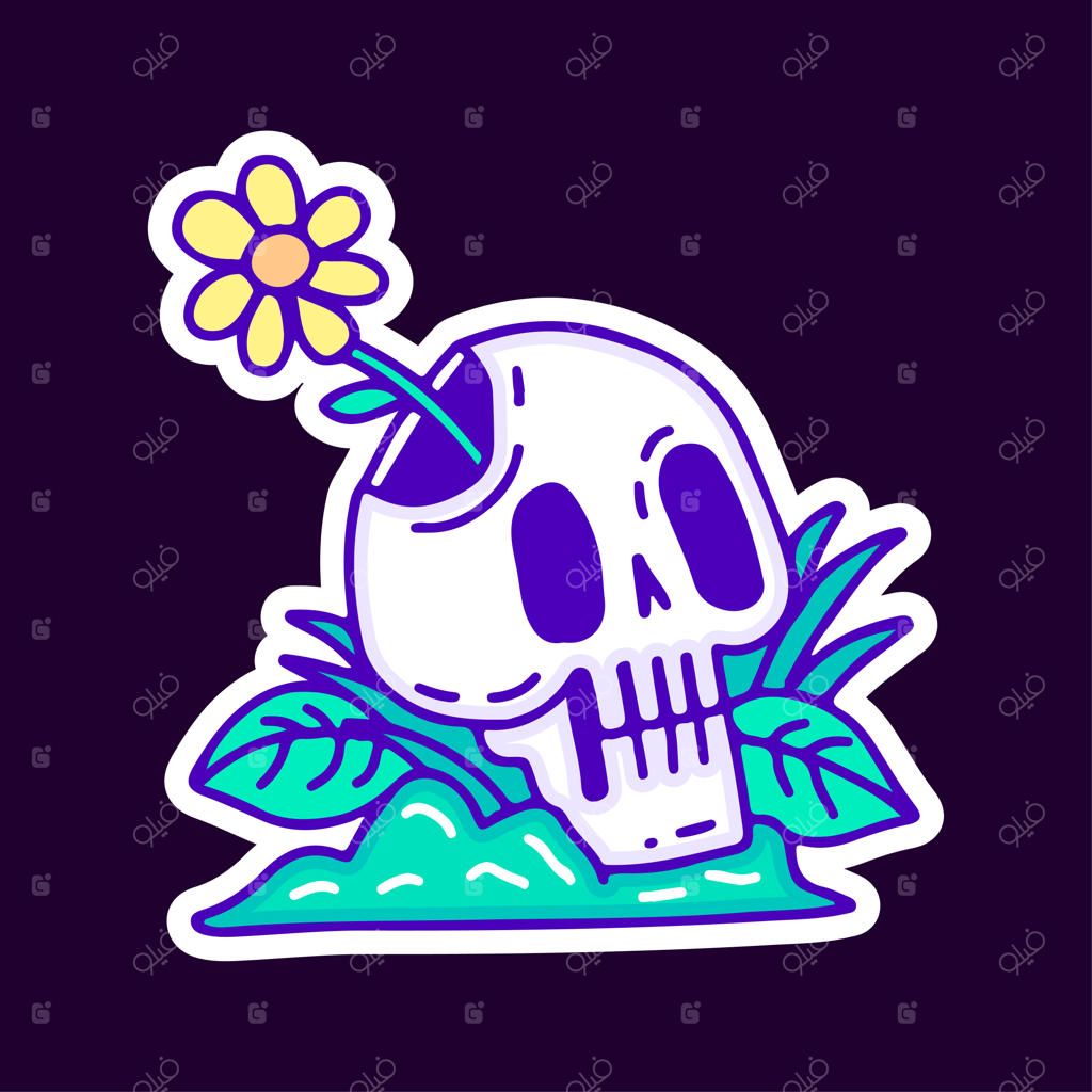 جمجمه شکسته با گل آفتابگردان درونش، تصویرسازی برای تیشرت، استیکر یا پوشاک.