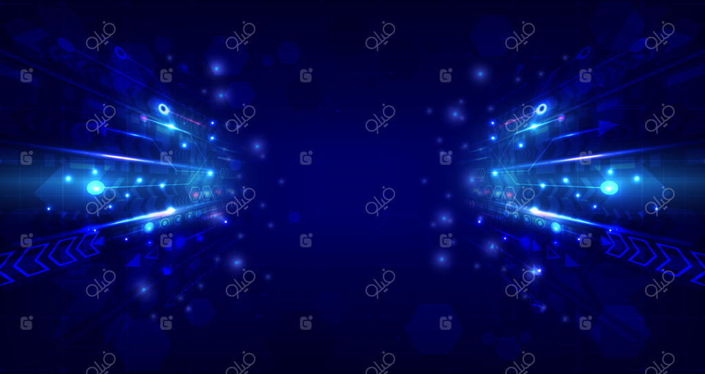 پیکان درخشان با سرعتی متفاوت: پس‌زمینه‌ای انتزاعی از فناوری پیشرفته. انگیزه اینترنت و ارتباط برای نوآوری. صفحه فرود و فضا. خطوط مداری داده‌های کامپیوتری.