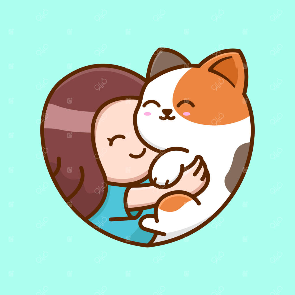 کارتون دختر شاد و گربه در آغوش