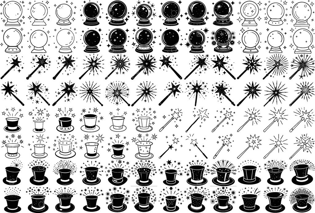 مجموعه عناصر جادویی سیاه و سفید شامل گوی بلورین، چوب‌دستی و کلاه شعبده‌بازی