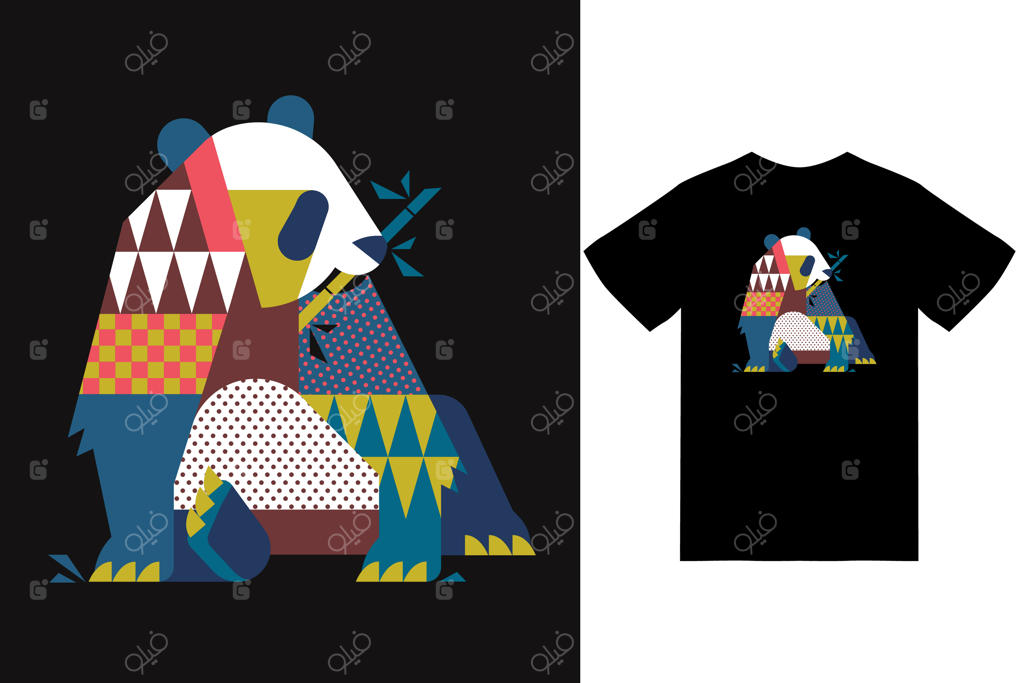 تصویرسازی رنگی پاندا با طرح تیشرت، وکتور پریمیوم
