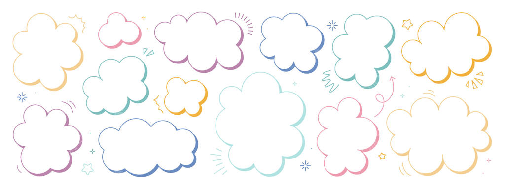 مجموعه‌ حباب‌های گفتگوی دستی ‌کشیده شده - حباب‌های رنگی گفتگو با آیکون‌هایی مثل فلش‌ها، نقاط و درخشش‌ها