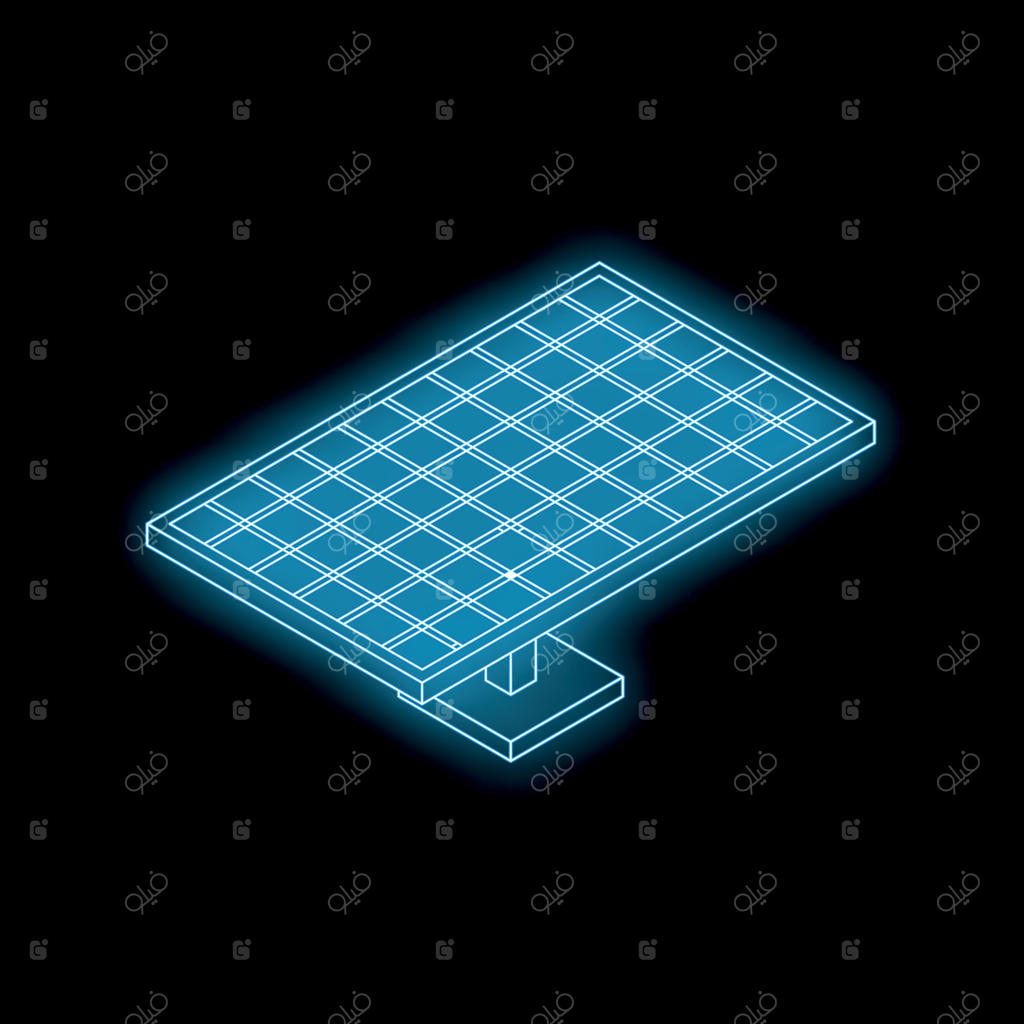 پنل خورشیدی نئون آبی درخشان تولید برق در پس‌زمینه تاریک