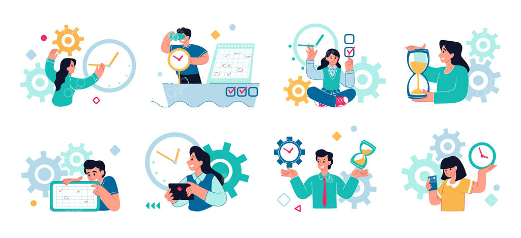 مدیریت زمان در کسب و کار: برنامه‌ریزی و سازماندهی وظایف، پلنر و ساعت شنی، دستور جلسه کارآفرین، برنامه‌ریزی آموزشی، ساعت و تقویم، بررسی اهداف تکمیل شده، مجموعه وکتور تخت