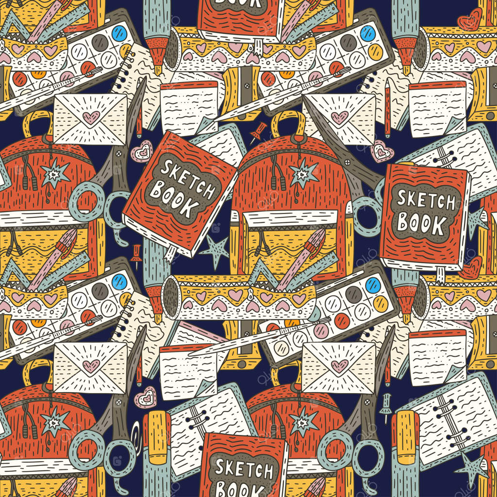 پترن وکتور یکپارچه کیف مدرسه، معلم و لوازم آموزشی