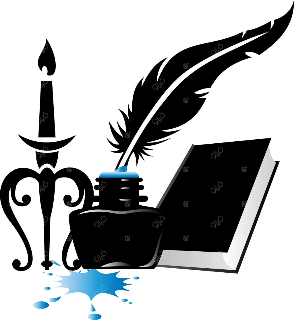 طراحی انتزاعی قلم جوهر، پر، کتاب و شیشه جوهر