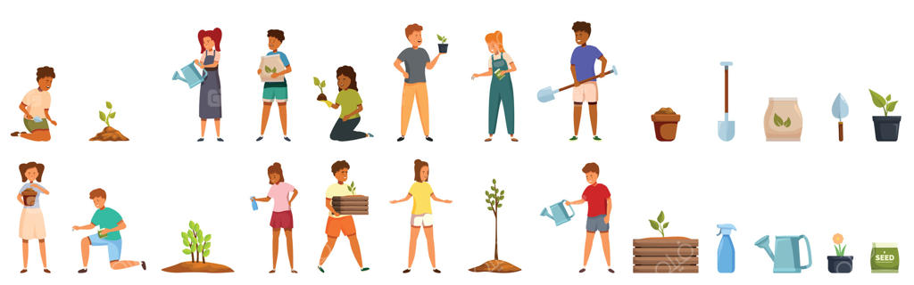 مجموعه آیکون‌های کاشت بذر توسط کودکان: کاشت و باغبانی بچه‌ها، مراقبت از گیاهان و استفاده از ابزار باغبانی