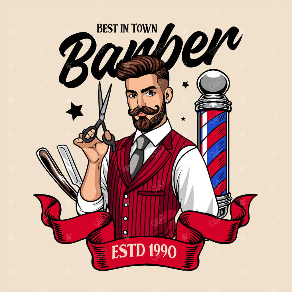 تصویرسازی وکتور آرایشگر مرد با قیچی، تیغ اصلاح و چراغ آرایشگاه