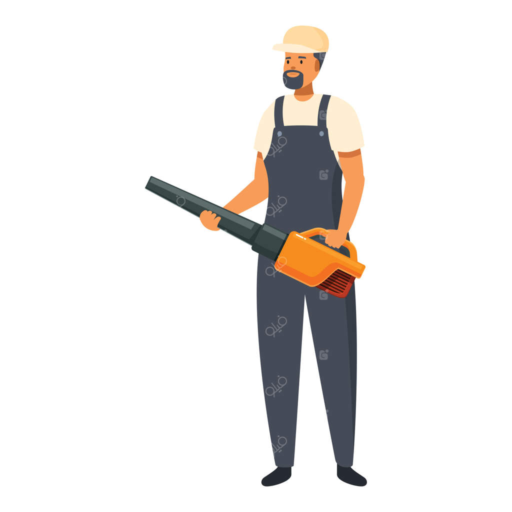 باغبان با لباس کار و کلاه در حال کار با دستگاه برگ‌روبنده