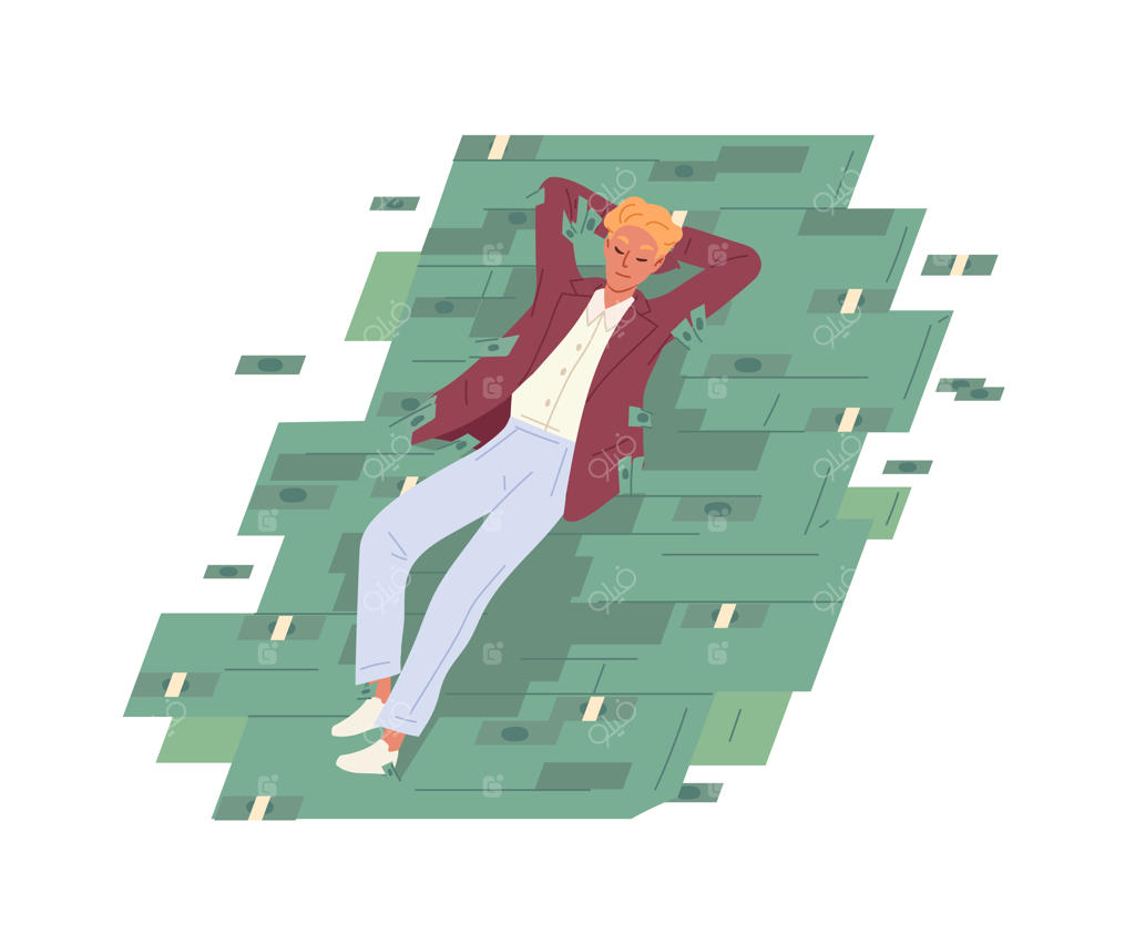 تاجر خوشحال و بی‌خیال روی انبوهی از پول در حال استراحت است. مرد موفق و آرام بر روی توده‌ای از اسکناس‌ها خوابیده است. مفهوم موفقیت مالی و ثروت. تصویر رنگی و تخت که بر زمینه‌ی سفید قرار داده شده است.