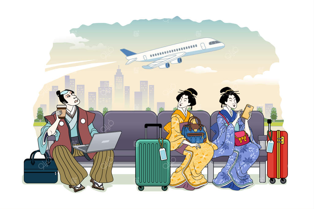 افرادی به سبک اوکی‌یو در انتظار پرواز در ترمینال