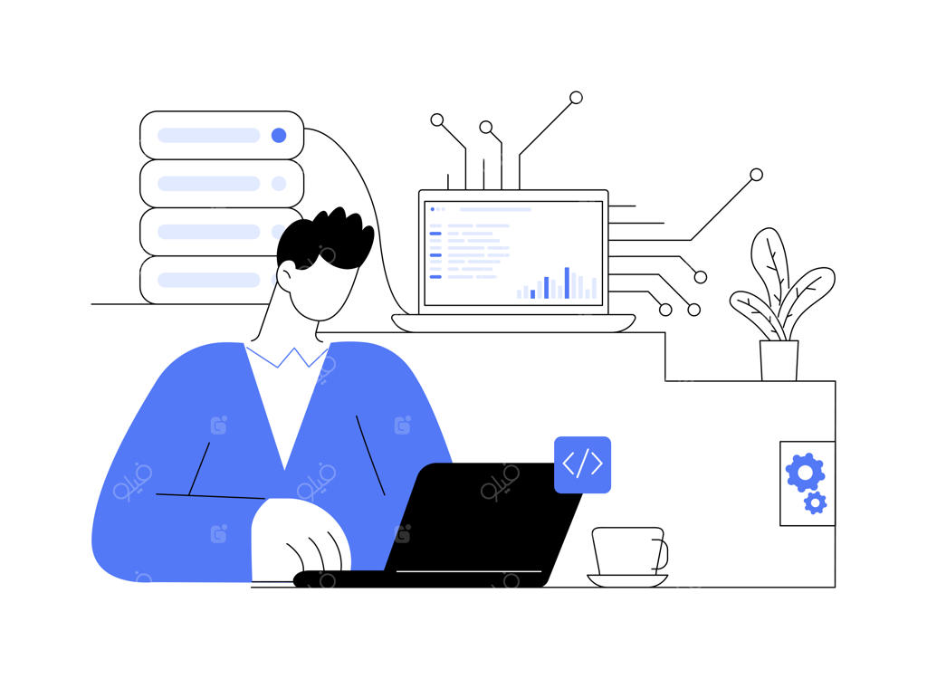 وکتور مفهوم انتزاعی مهندس بلاک‌چین؛ تصویر متخصص حرفه‌ای پای لپ‌تاپ و نماد راهکارهای دیجیتال و فناوری مدرن