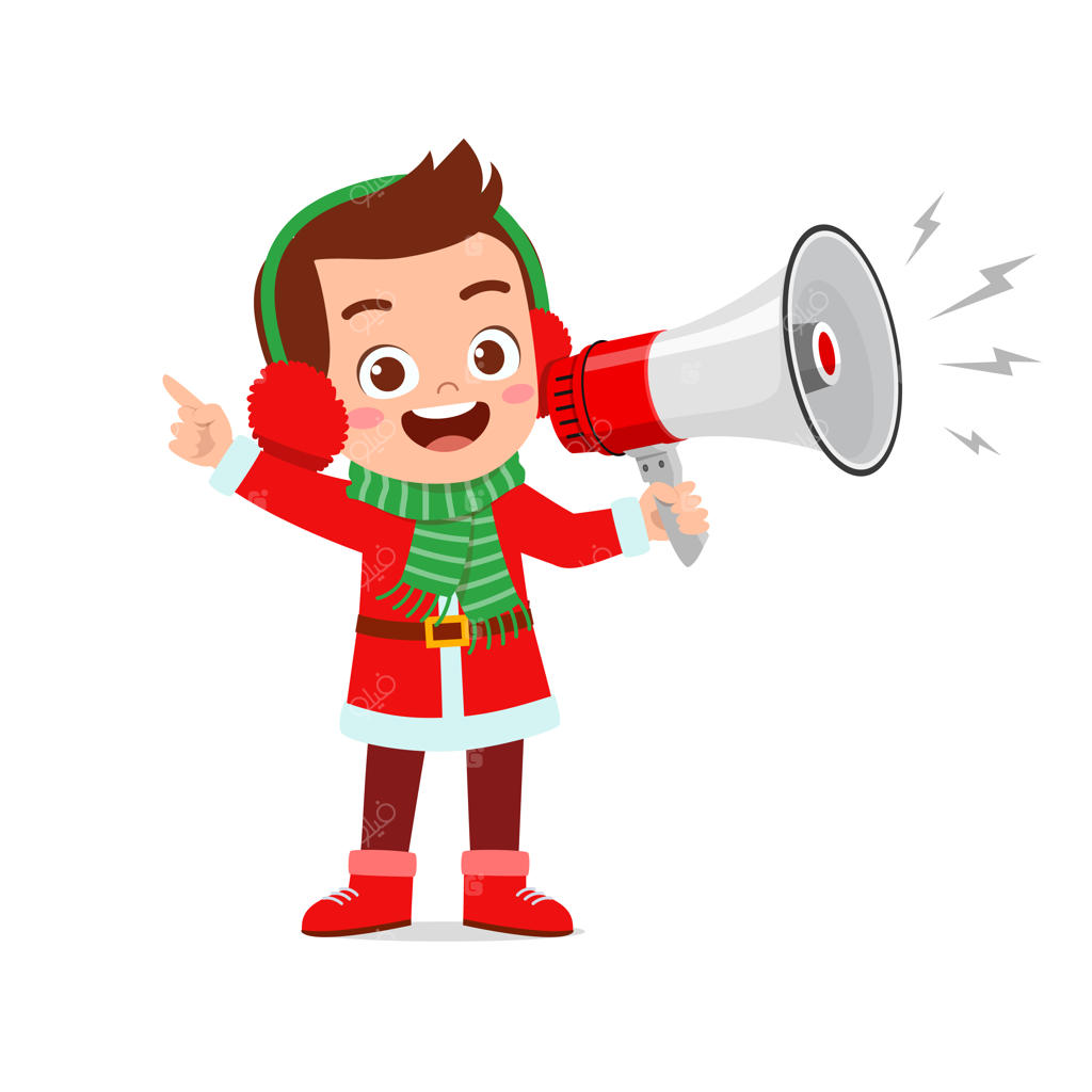 پسر و دختر بچه‌ بانمک با لباس قرمز کریسمس و بلندگو در دست