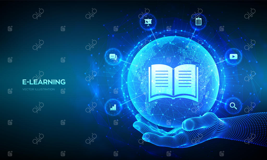 آموزش آنلاین نوآورانه: ترکیب خط و نقطه روی نقشه جهان، آموزش مهارت‌ها، وبینارها و دوره‌های آنلاین با تکنولوژی نوین در دست - تصویرسازی وکتور