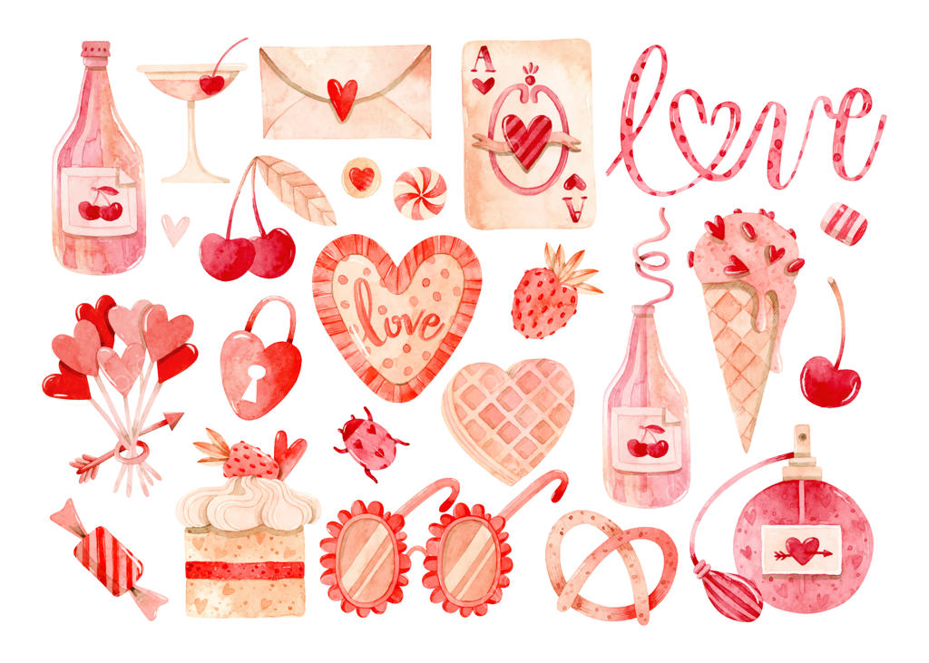 مجموعه کلیپ آرت رنگ‌آمیزی آبرنگ صورتی قدیمی برای روز ولنتاین