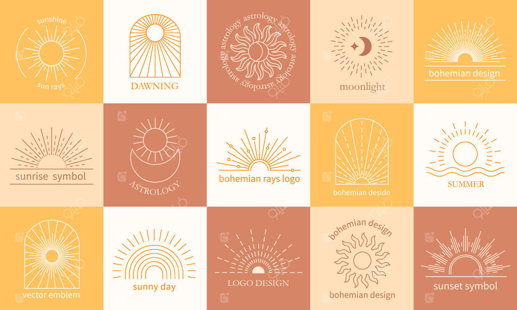 نشان‌های شعاع بوهمی. طرح‌های خورشید بوهو، نمادهای آسمانی ماه و قالب غروب خورشید اسرارآمیز