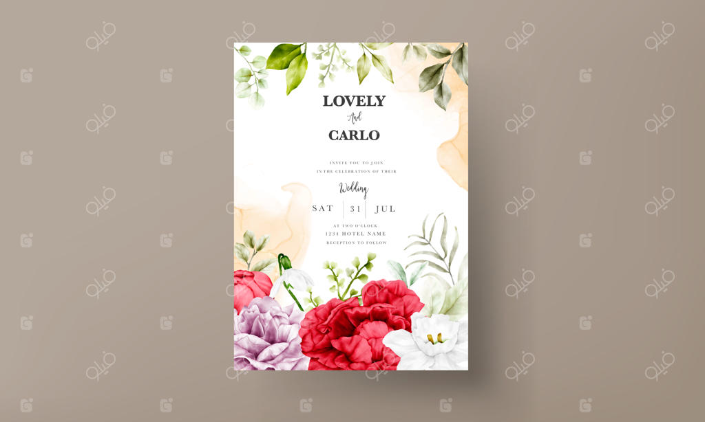 کارت دعوت طرح گل صد تومانی در حال شکوفه با طراحی آبرنگ زیبا