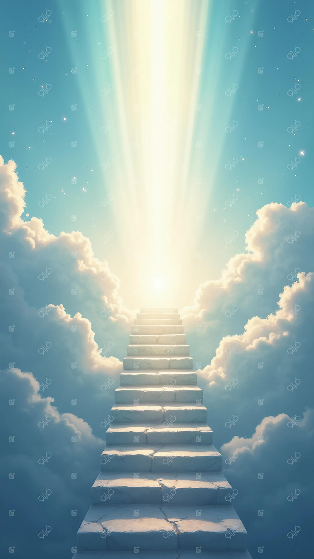 پلکانی به سوی بهشت در میان ابرها و نور درخشان خورشید
