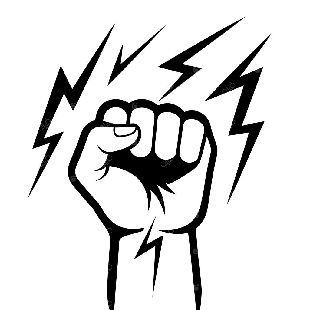 مشت گره‌کرده رو به بالا با رعد و برق؛ نماد اعتراض و لوگوی باشگاه ورزشی