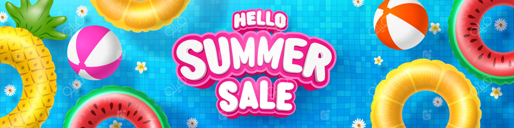 قالب پوستر و بنر حراج تابستانی با اشیای شناور رنگارنگ در فضای استخر کاشی‌کاری‌شده