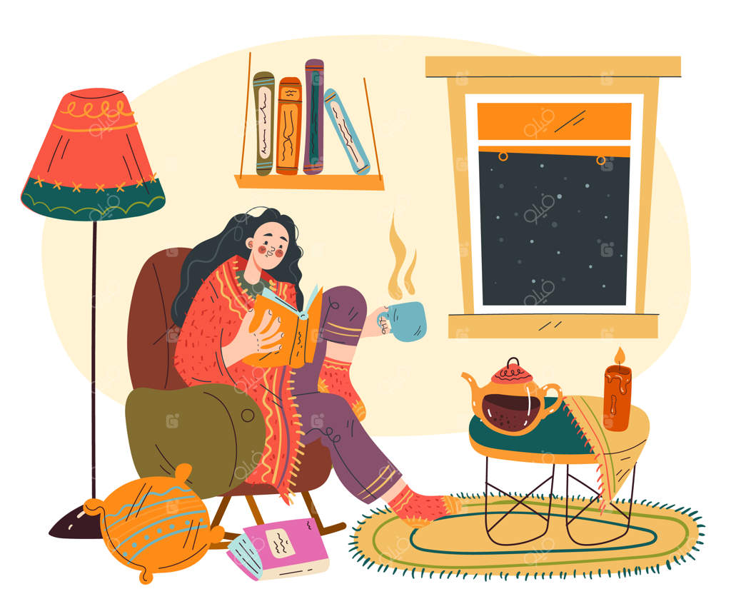 مردم در محیط داخلی دنج خانه کتاب می‌خوانند: عنصر طراحی گرافیکی مفهوم انتزاعی