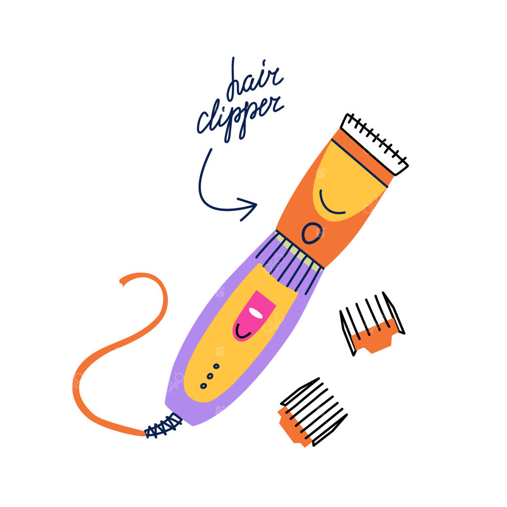 تصویر برداری ماشین اصلاح مو با نازل‌ها. ابزار برقی برای آرایشگران حرفه‌ای و پیرایش حیوانات خانگی به سبک رنگارنگ و مدرن. کلیپ‌آرت ماشین اصلاح با تایپوگرافی دست‌نویس