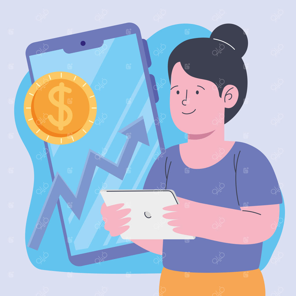 زن تاجر با سکه و گوشی هوشمند