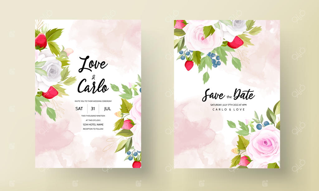 کارت دعوت عروسی با طراحی دستی زیبا از گل و میوه‌ها