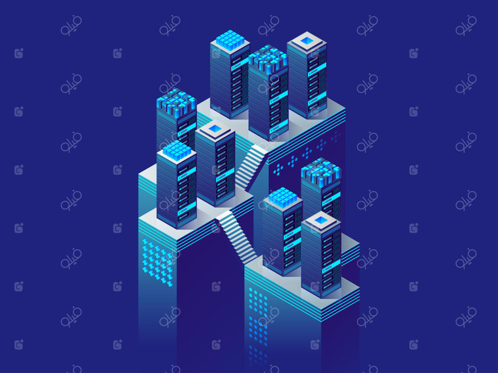 فناوری دیجیتال: اتاق سرور و مفهوم پردازش کلان‌داده‌ها، مرکز داده و نماد پایگاه‌داده. تصویر ایزومتریک