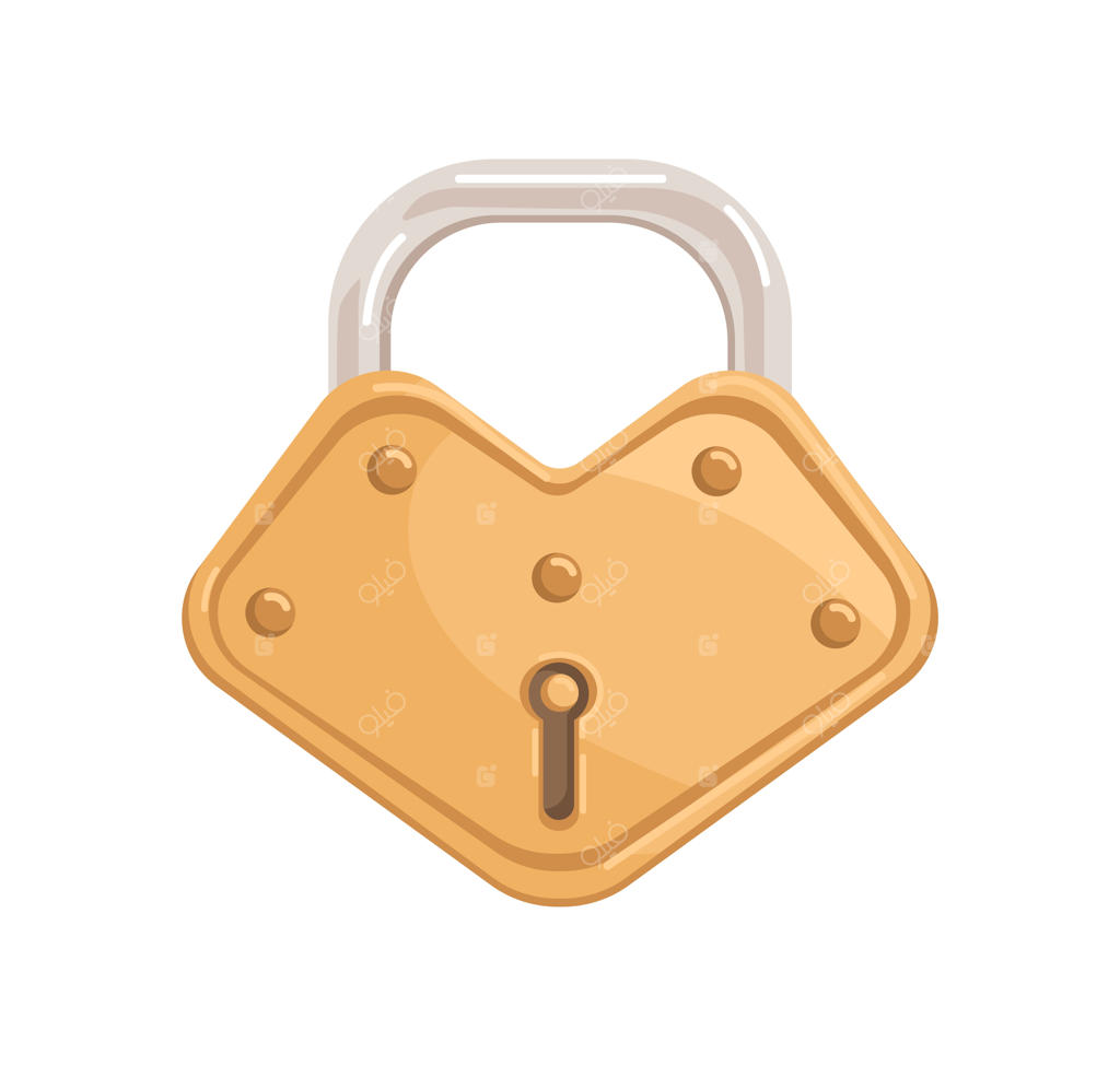 قفل طلایی آویزان با شَکل بسته و سوراخ کلید: نماد حفاظت و امنیت. طراحی کارتونی براق و درخشان، مکانیزم برنجی واقعی.