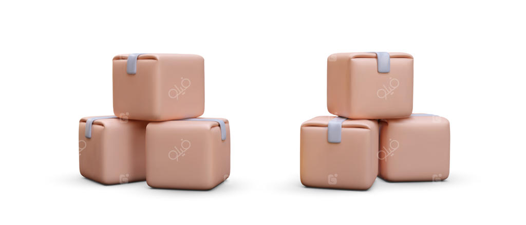 مجموعه‌ای از تصاویر سه‌بعدی واقع‌گرایانه از جعبه‌ها با سایه روی پس‌زمینه سفید